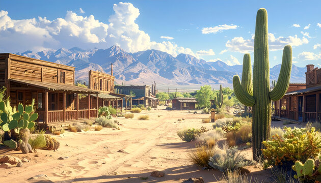 A picturesque Western ghost town nestled within a sun-drenched desert landscape, framed by majestic mountains under a clear blue sky.