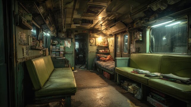 Nostalgic Abandoned Train Interior with Books and Dim Lighting