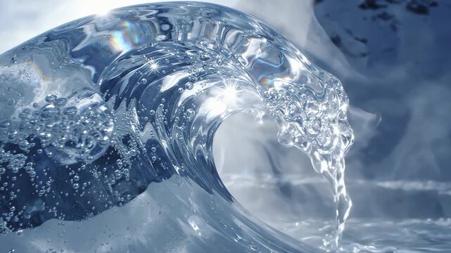 Crystal Clear Water Wave Crashing With Sun Flare and Bubbles
