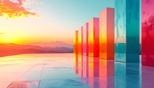 A vibrant, surreal landscape features a row of colorful, reflective pillars set against a breathtaking sunset over rolling hills, creating a dreamlike and abstract composition.