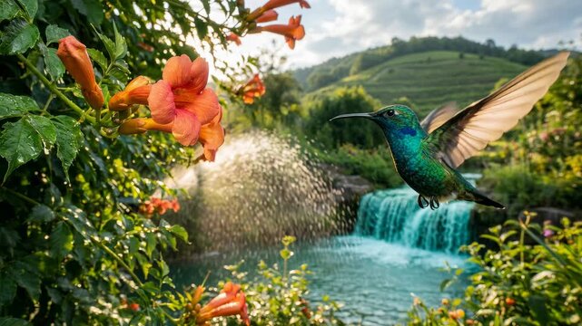 Hummingbird hovering in slow motion while feeding from vibrant flower, wings blurred in motion, natural garden setting, 4K video