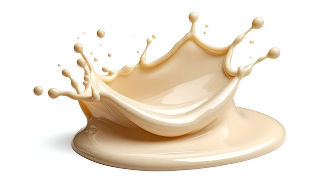 A dynamic splash of creamy liquid, resembling a crown, is captured against a stark white background, showcasing the fluid's intricate form and texture.