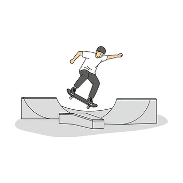 Male skateboarder performing a trick on a half pipe ramp illustration