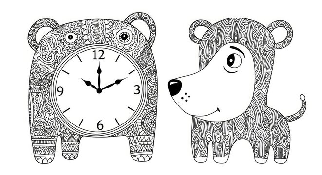 Intricate Zentangle-style cartoon animals: a whimsical bear-shaped clock and a patterned puppy, black and white doodle illustration.