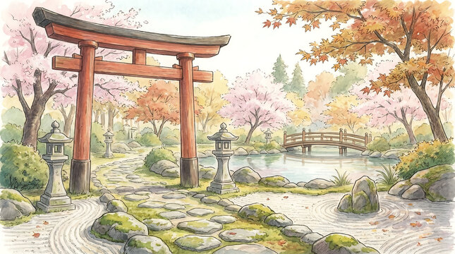 Serene traditional Japanese garden with red torii gate and blooming cherry blossoms Generative AI.