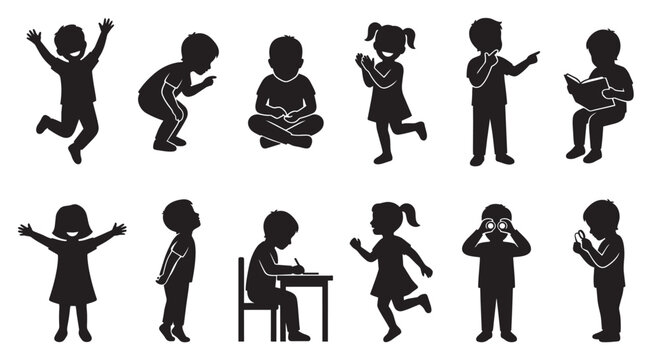 Collection of black silhouettes of children in various active and contemplative poses on a white background, representing diverse childhood activities and emotions.
