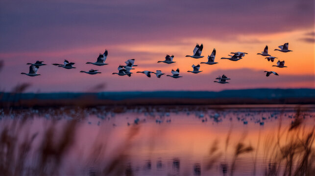 White birds fly over wetlands at sunset. Purple orange sky. Water reflection, blurred reeds. Cinematic light, Tyndall effect, HDR. Copy space. Ideal for travel posters, eco ads. Nature photography.