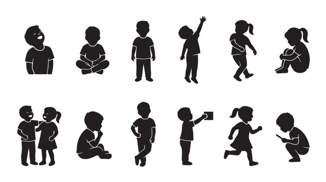 A collection of black silhouettes of diverse children in various poses and activities, including playing, thinking, and interacting, set against a clean white background.