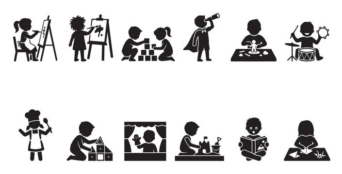 Silhouette icons depict diverse children's activities like painting, building blocks, playing music, and imaginative games, representing childhood fun and learning.