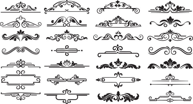 Collection of intricate ornamental dividers and flourishes in black and white. Intricate ornamental dividers and flourishes vector illustration.