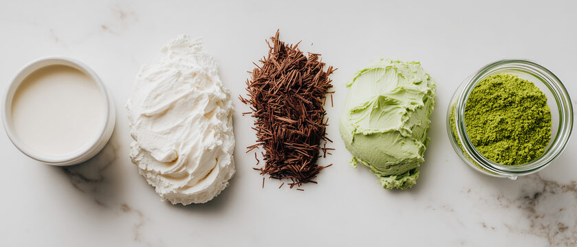 Creamy and colorful ingredients for dessert on marble countertop  