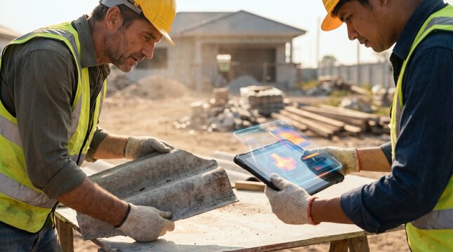 Construction Workers Comparing Roofing Options with Holographic Projection