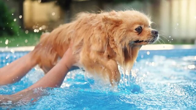 Cute fluffy pomeranian spitz dog enjoying refreshing swim in blue backyard pool on sunny day.