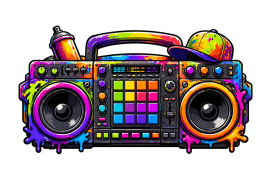 Colorful Graffiti Boombox with integrated music controller, vibrant street art style audio system with speakers and paint splashes isolated on white