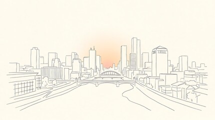 Obraz premium Minimalist hand drawn city skyline illustration with river and sunset