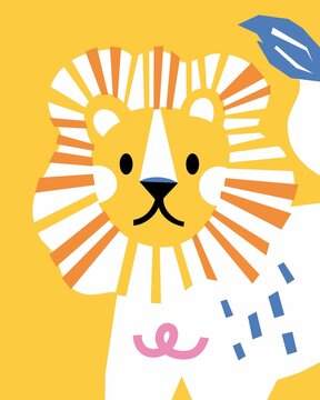 Cute Playful Lion Illustration in Simple Graphic Style