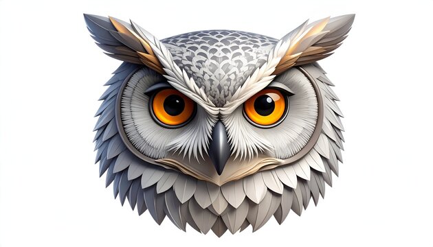 Detailed Owl Face Illustration with Striking Orange Eyes on White.