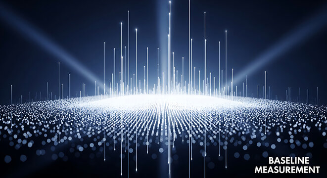 A futuristic scene depicts beams of light shining down on a field of glowing dots, creating a Baseline Measurement with lines and points.