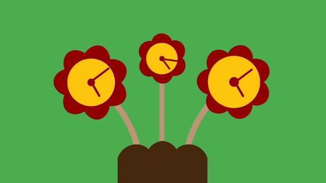 Red flower with rotating clock hand symbolizing spring season and time concept
