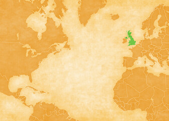Ocher map of North Atlantic Ocean - United Kingdom © Tindo