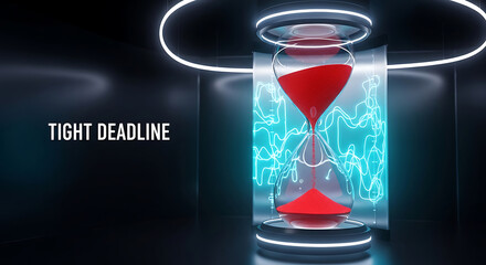 Fototapeta premium A futuristic illustration of a glowing hourglass with red sand and blue lightning in a dark background conveying a tight deadline.
