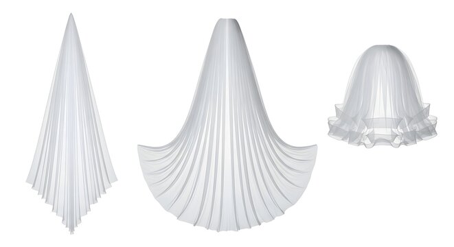 Three white wedding veils displayed on a white background, showcasing different styles: a pointed veil, a flowing veil, and a ruffled veil