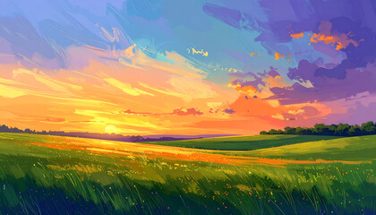 Obraz premium A vibrant digital painting depicts a serene sunset over a lush green field, showcasing a dynamic sky filled with colorful clouds and a warm, golden light.