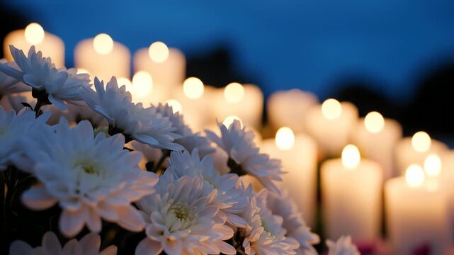 White chrysanthemums with glowing candles in background at night. 4K Video