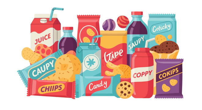 A vibrant collection of various packaged snacks and drinks, including cookies, juices, and candy, presented in a lively arrangement
