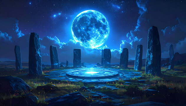 A mystical scene depicts ancient stone monoliths silhouetted against a vibrant, full moon illuminating a circular stone platform under a starry night sky.