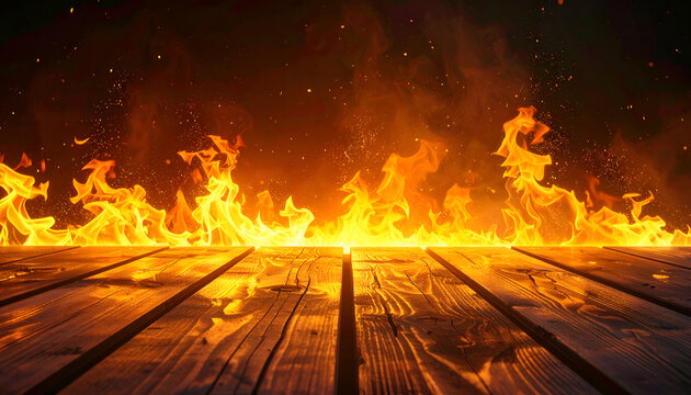 Intense flames engulf a wooden surface, creating a dramatic and fiery visual spectacle.