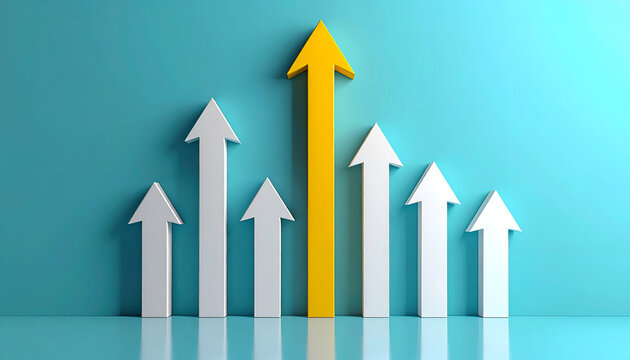A vibrant yellow arrow stands prominently among a group of white arrows, symbolizing growth, progress, and surpassing expectations against a sleek blue backdrop.