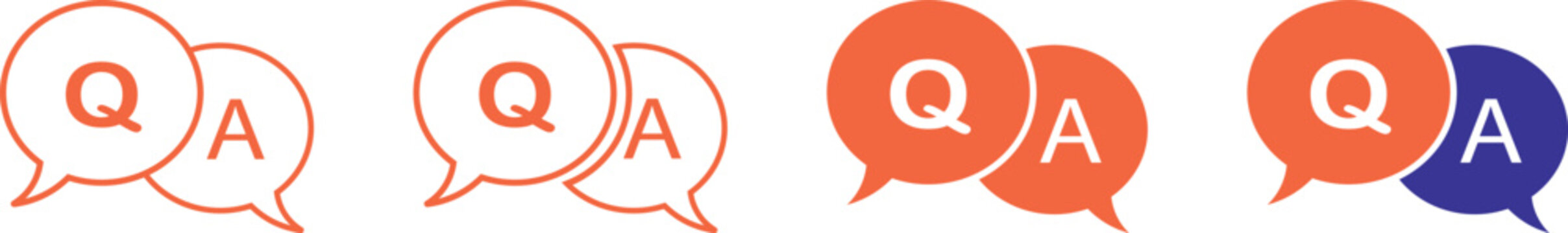 QA icon set. Overlapping speech bubbles with Q and A letters sign. Question and answer dialog symbol for support, help center and chat apps. Communication pictogram. Customer service illustration.