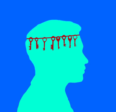 Silhouette of human head with hanging keys for problem solving