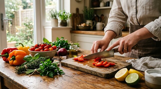 Fresh ingredients being chopped on a wooden cutting board in a bright kitchen, preparing a healthy meal