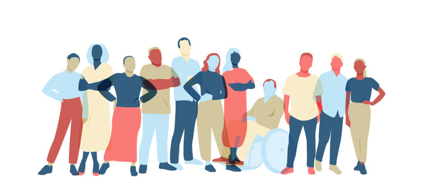 Different people standing side by side together. Flat vector illustration.	