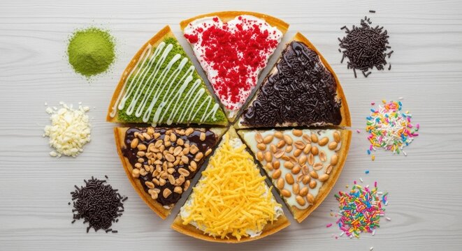 op view of Indonesian martabak with assorted sweet toppings arranged in slices, perfect for culinary and food advertising.