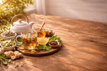 Fototapeta premium Glass herbal tea with lemon, honey and herbs on wooden table, bright sunlight and wide copy space, suitable for wellness, menu or lifestyle promotion.