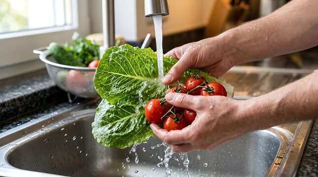 Washing fresh vegetables and tomatoes under running water in a kitchen sink