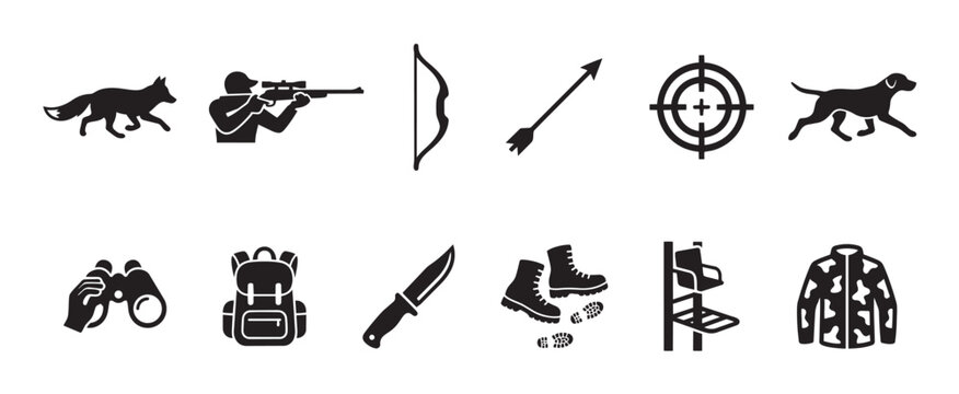 A collection of black silhouette icons representing various hunting tools and elements including a fox, hunter, bow, arrow, target, dog, binoculars, backpack, knife, boots, tree stand.