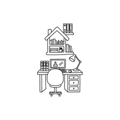 Fototapeta premium Remote work from home office line art illustration with computer