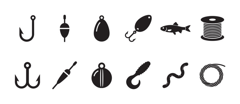 A clean collection of black fishing equipment icons, including hooks, lures, bait, fish, and fishing line, perfect for web or print.