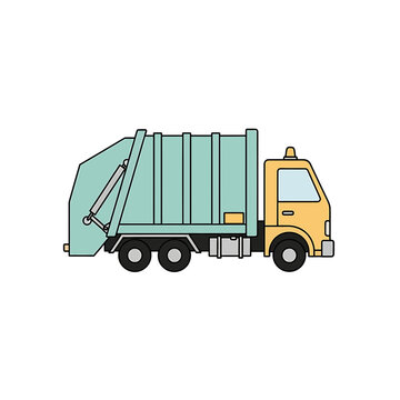 Yellow and blue garbage truck vector illustration for waste collection