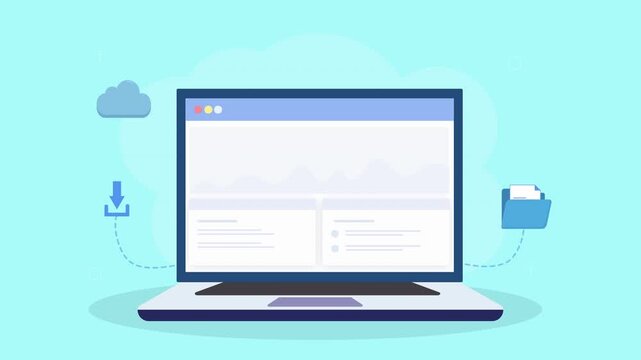Animated laptop displaying cloud sync dashboard with upload and download arrows, cloud system, and file workflow elements in clean flat design on teal background.