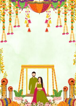Wedding Invitation Mehandi Green and Yellow Traditional Blank Card Background