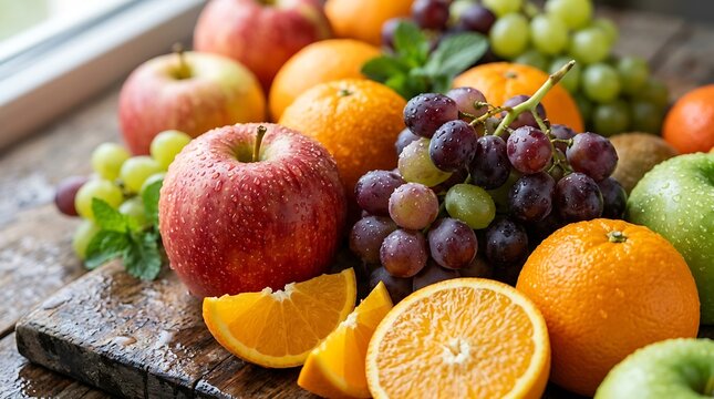 Vibrant Assortment of Fresh, Ripe Fruits Displayed in a Natural Setting with a Wooden Background