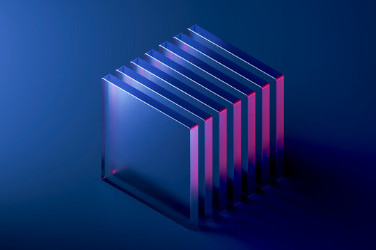 Abstract 3d rendering of a glass square structure with neon light