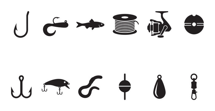Collection of black silhouette icons representing various fishing gear like hooks, lures, reels, and bait on a white background for design use.