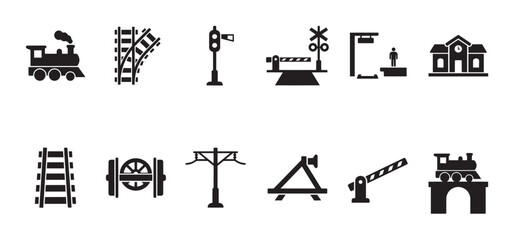 Fototapeta na wymiar Collection of black and white vector icons representing various elements of train travel and railroad infrastructure for transportation and logistics themes.