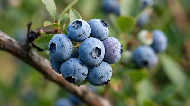 Close-up of a cluster of ripe, blue blueberries hanging from a branch with green leaves and a blurred background